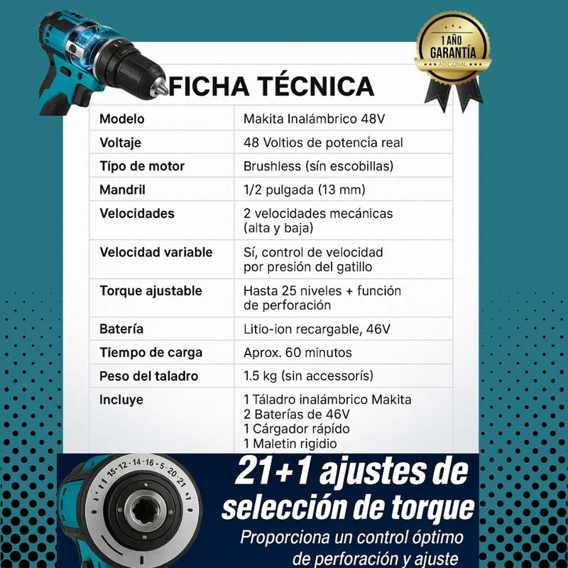 Taladro Atornillador 48V Profesional - Kit Completo con 2 Baterías + 45 Accesorios | Rendimiento Elevado y Calidad Garantizada